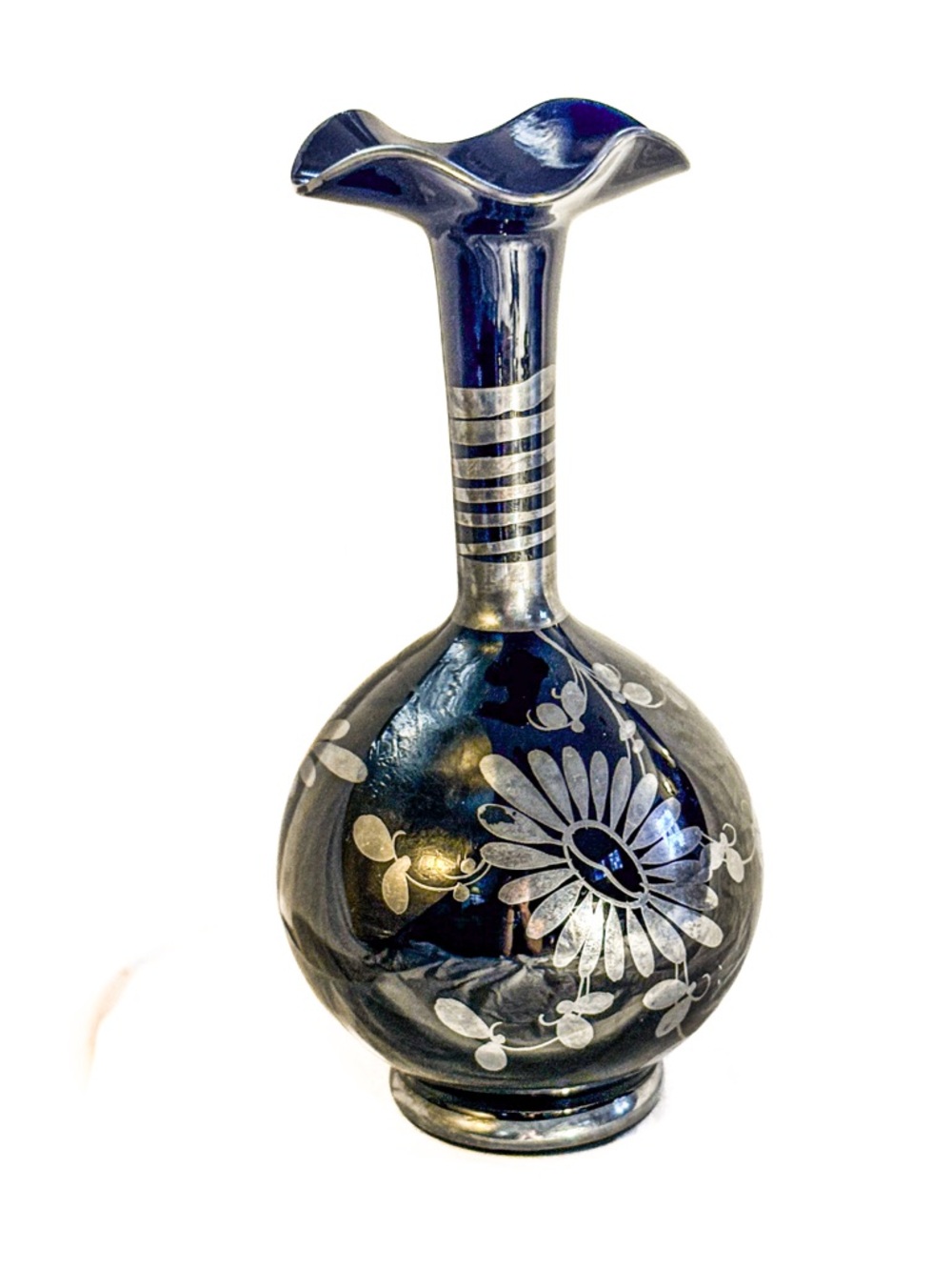 Vintage Venetian Cobalt Glass Vase, Etched Gondola/Floral scenes  “Venezia”